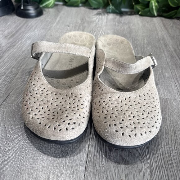 Vionic Lidia Mules Womens 10 Gray Suede Leather Laser Cut Mary Jane Comfort - Picture 3 of 8